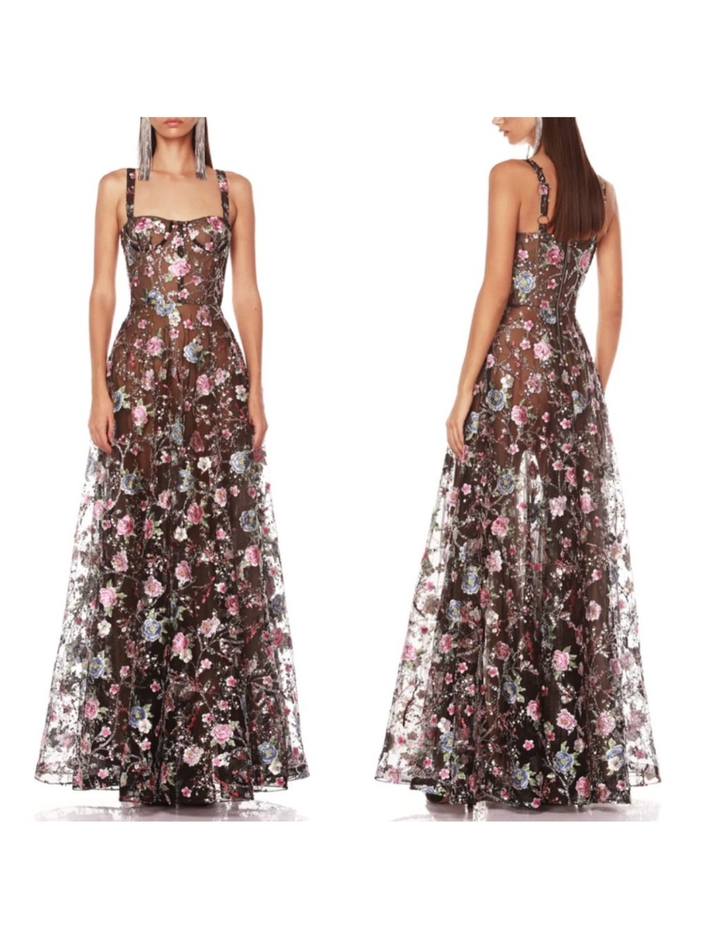 Bronx and Banco Midnight Embroidered Floral Gown Maxi Dress size MEDIUM; NWOT
